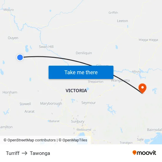 Turriff to Tawonga map