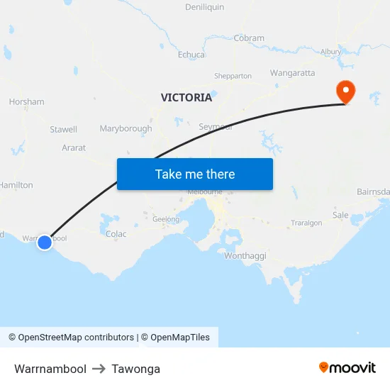 Warrnambool to Tawonga map