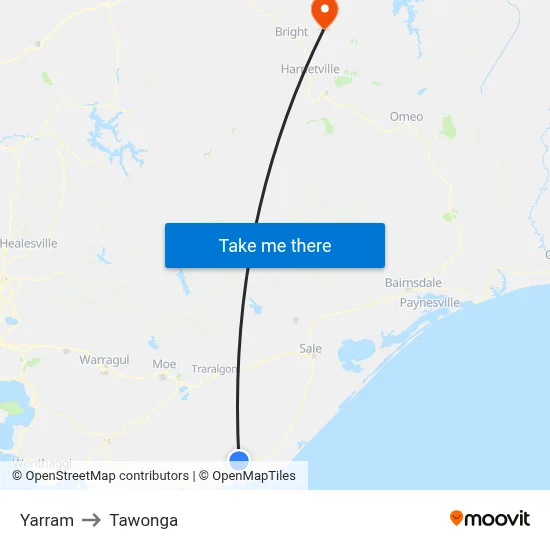 Yarram to Tawonga map
