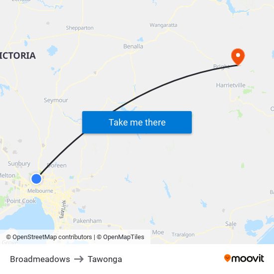 Broadmeadows to Tawonga map