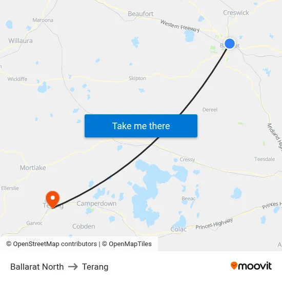 Ballarat North to Terang map