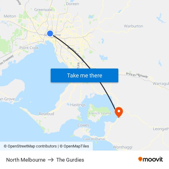 North Melbourne to The Gurdies map
