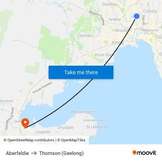 Aberfeldie to Thomson (Geelong) map