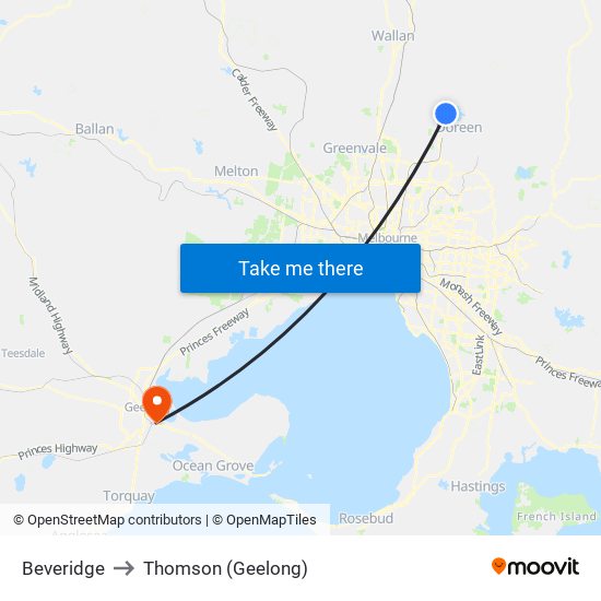 Beveridge to Thomson (Geelong) map