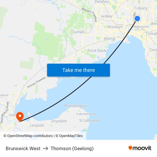 Brunswick West to Thomson (Geelong) map