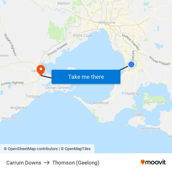 Carrum Downs to Thomson (Geelong) map