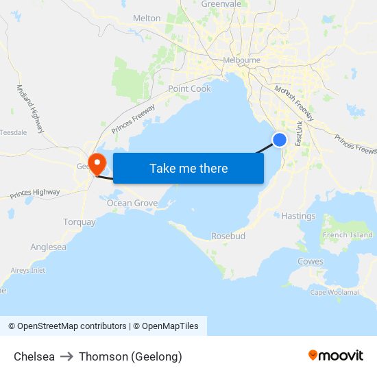 Chelsea to Thomson (Geelong) map