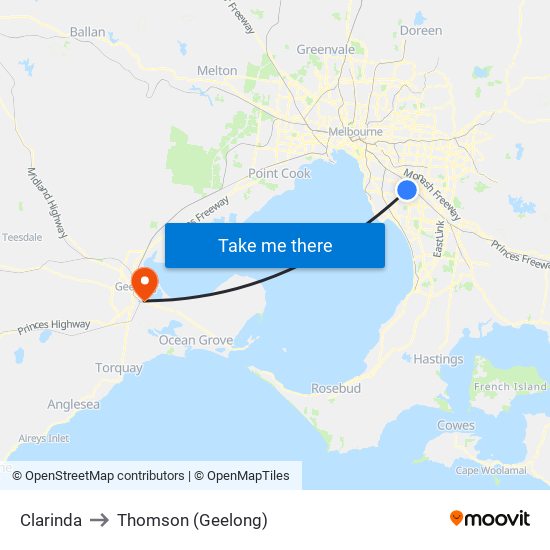 Clarinda to Thomson (Geelong) map