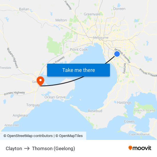 Clayton to Thomson (Geelong) map