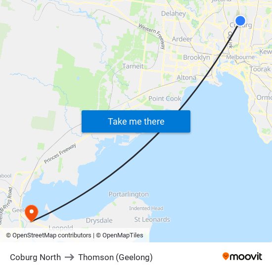 Coburg North to Thomson (Geelong) map