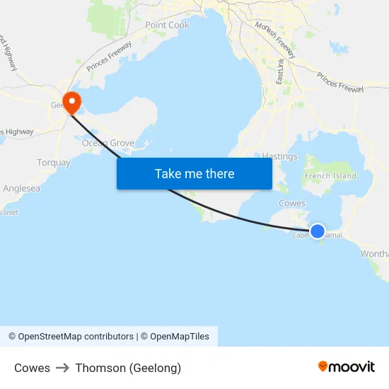 Cowes to Thomson (Geelong) map