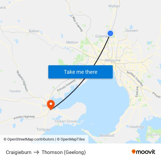 Craigieburn to Thomson (Geelong) map