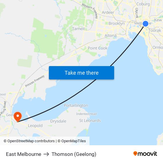 East Melbourne to Thomson (Geelong) map