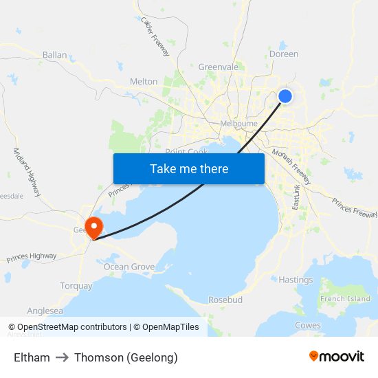 Eltham to Thomson (Geelong) map