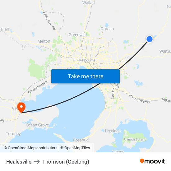 Healesville to Thomson (Geelong) map