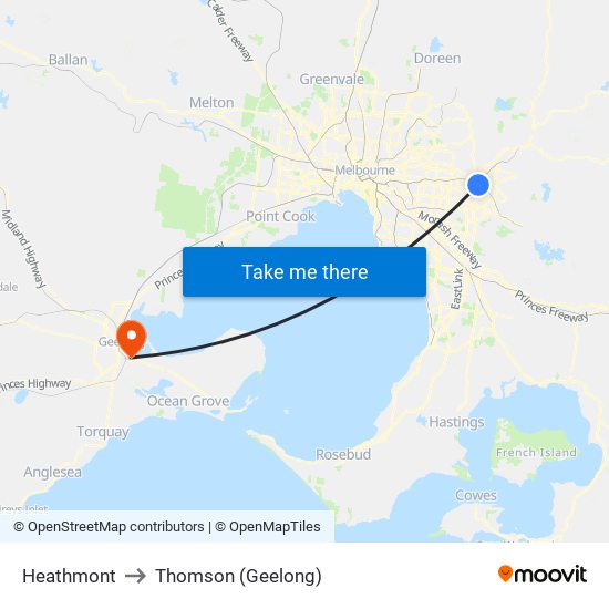 Heathmont to Thomson (Geelong) map