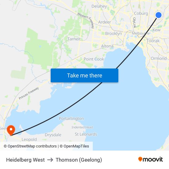 Heidelberg West to Thomson (Geelong) map