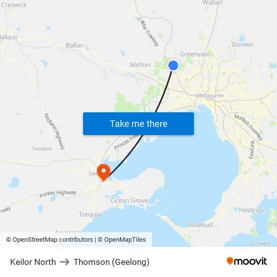 Keilor North to Thomson (Geelong) map