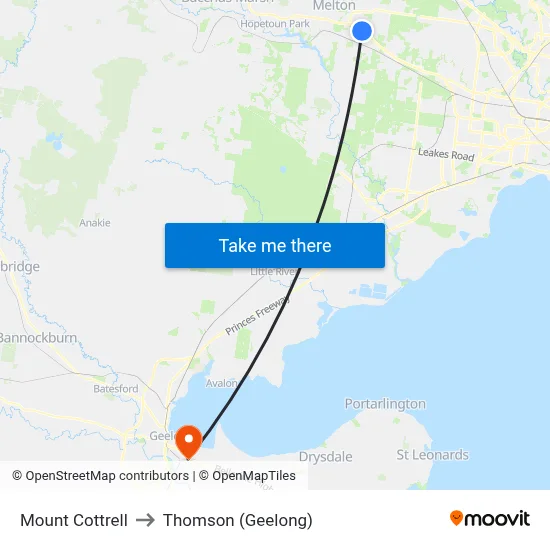Mount Cottrell to Thomson (Geelong) map