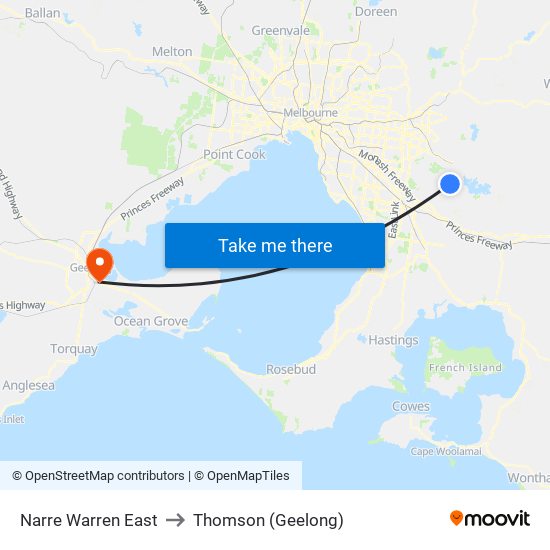 Narre Warren East to Thomson (Geelong) map