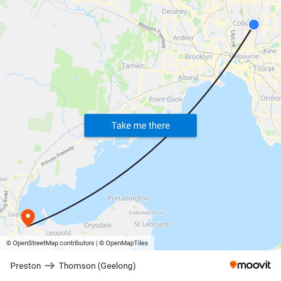 Preston to Thomson (Geelong) map