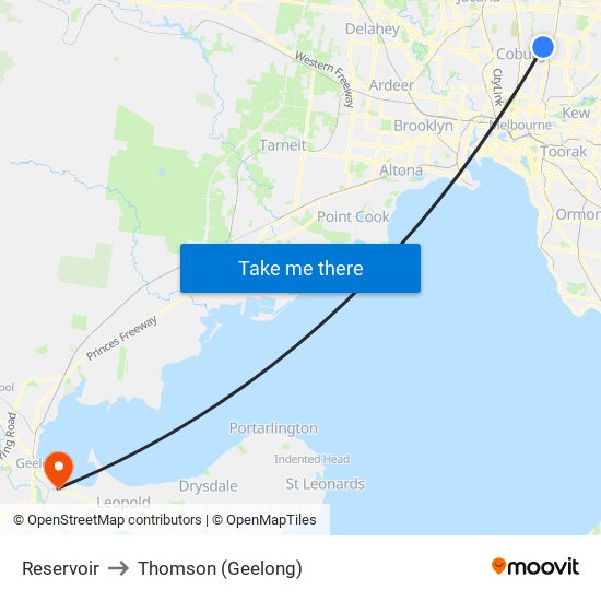 Reservoir to Thomson (Geelong) map