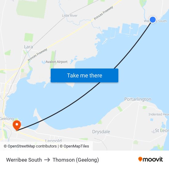 Werribee South to Thomson (Geelong) map