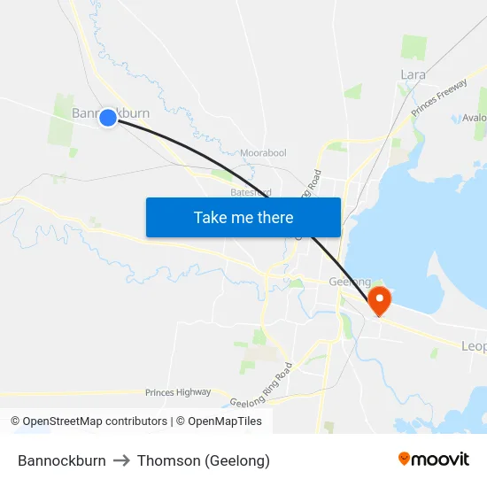Bannockburn to Thomson (Geelong) map