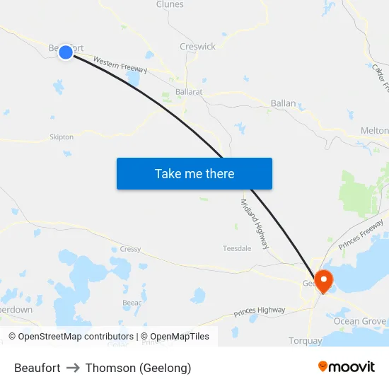 Beaufort to Thomson (Geelong) map