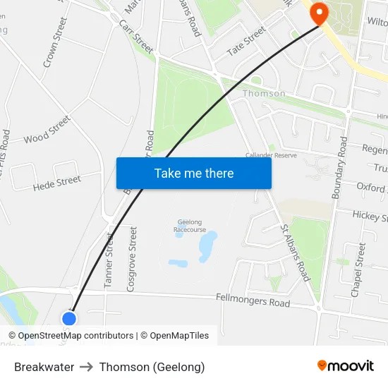 Breakwater to Thomson (Geelong) map