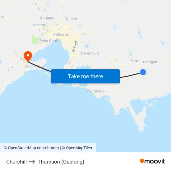 Churchill to Thomson (Geelong) map