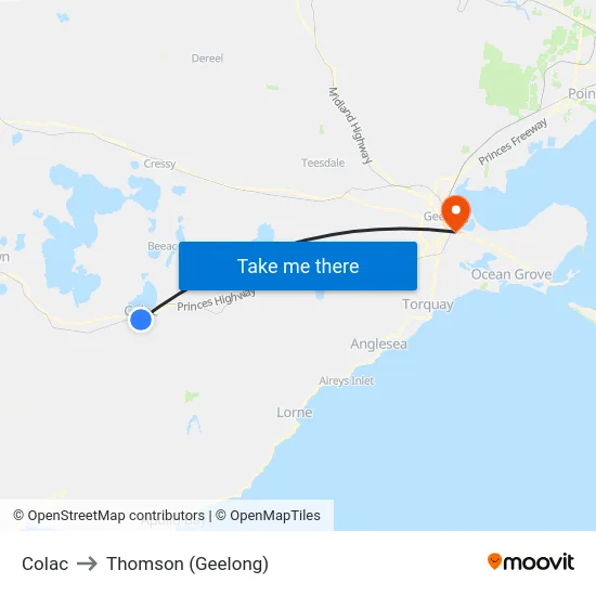 Colac to Thomson (Geelong) map