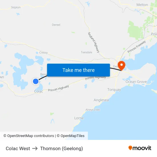 Colac West to Thomson (Geelong) map