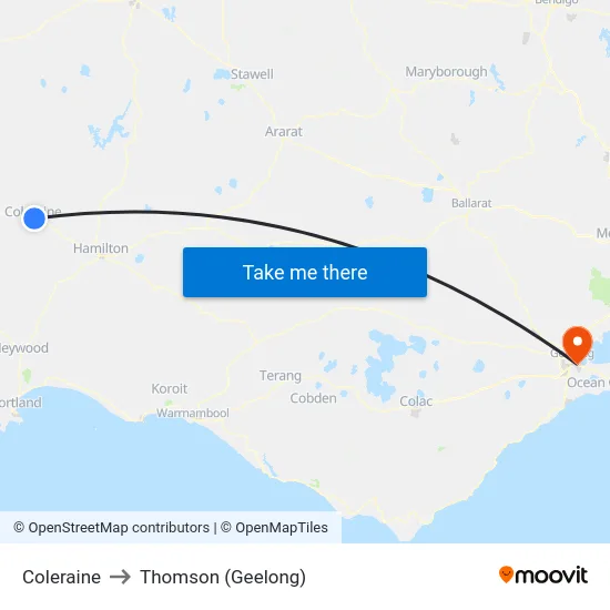 Coleraine to Thomson (Geelong) map