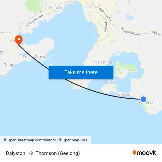 Dalyston to Thomson (Geelong) map