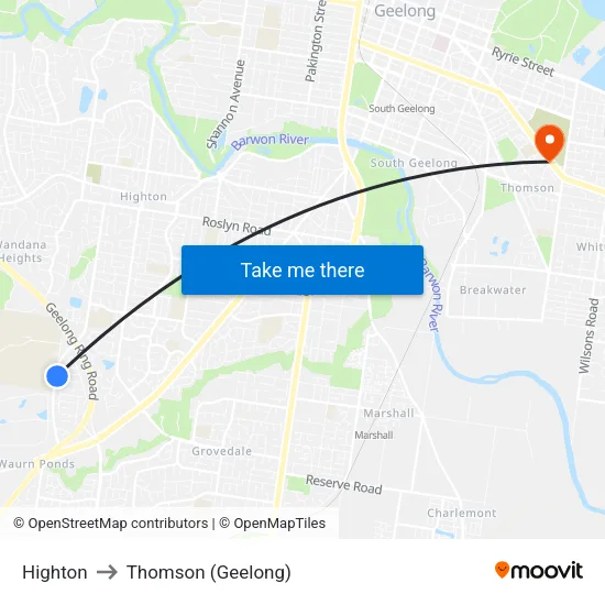Highton to Thomson (Geelong) map