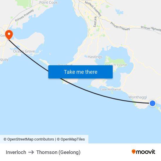 Inverloch to Thomson (Geelong) map