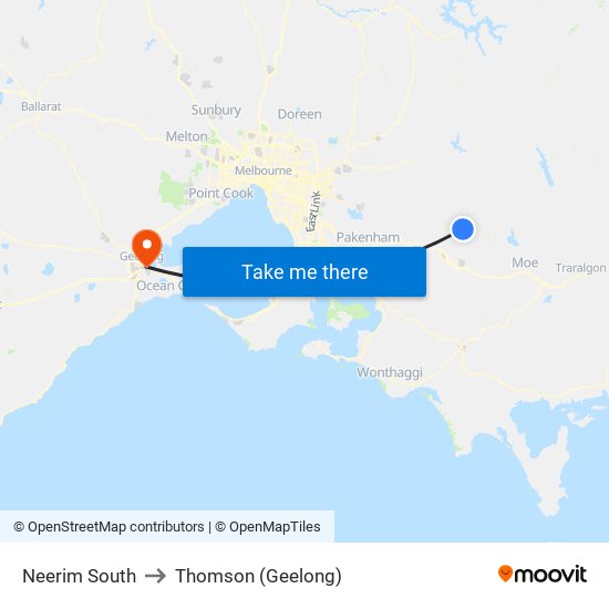 Neerim South to Thomson (Geelong) map