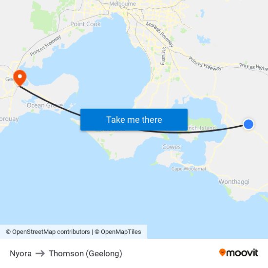 Nyora to Thomson (Geelong) map