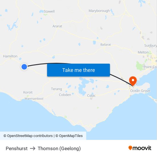 Penshurst to Thomson (Geelong) map