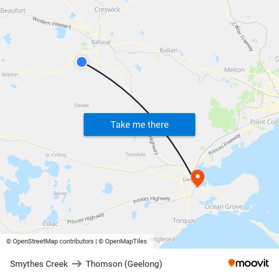 Smythes Creek to Thomson (Geelong) map