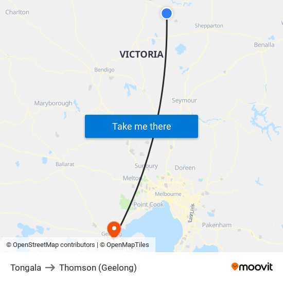 Tongala to Thomson (Geelong) map