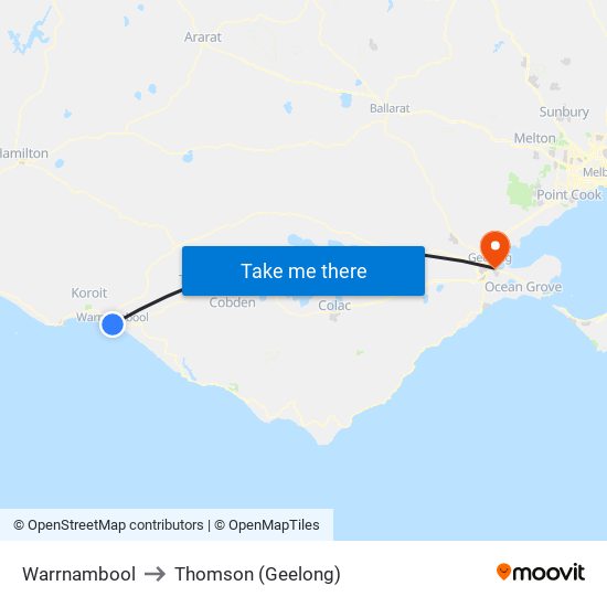 Warrnambool to Thomson (Geelong) map