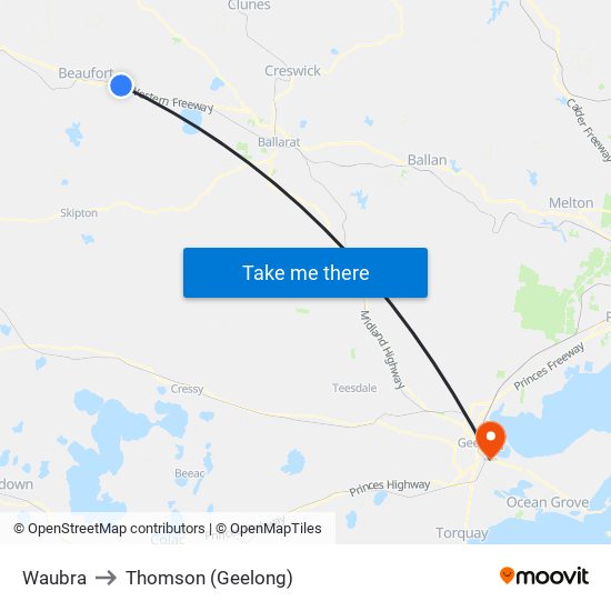 Waubra to Thomson (Geelong) map