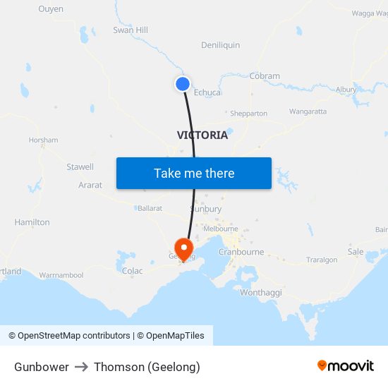 Gunbower to Thomson (Geelong) map