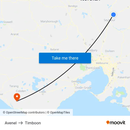 Avenel to Timboon map