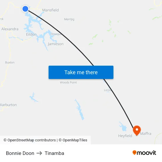 Bonnie Doon to Tinamba map