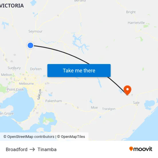 Broadford to Tinamba map