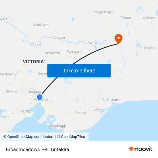 Broadmeadows to Tintaldra map