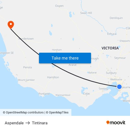 Aspendale to Tintinara map